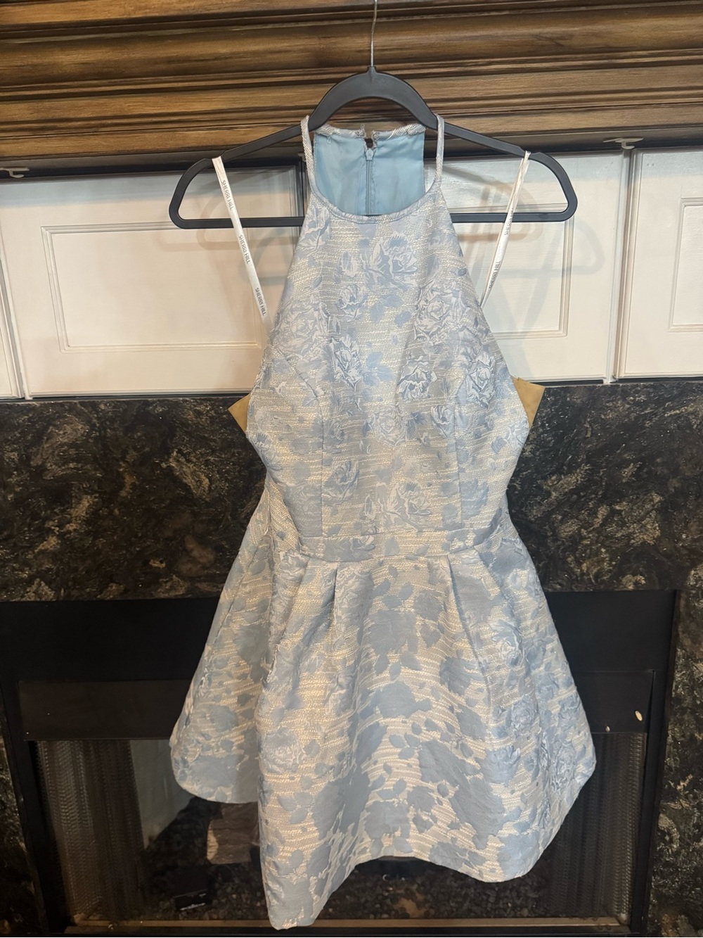 Sherri Hill Pale Blue Floral Jacquard Halter Prom Dress
